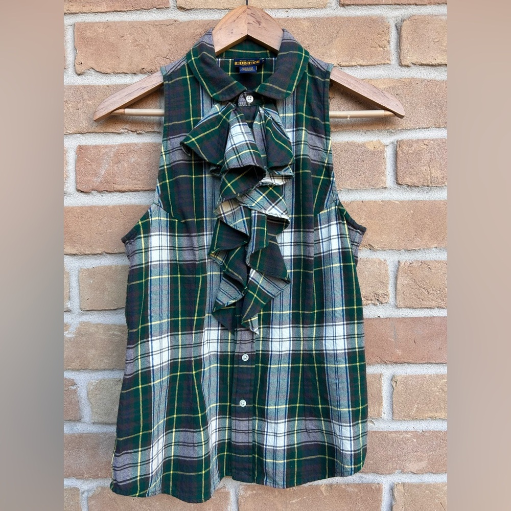 Rugby Ralph Lauren Green Plaid Sleeveless Button Up Shirt Sz 6 Christmas Holiday
